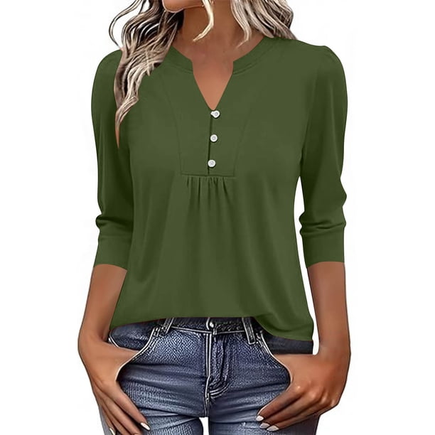 Tops de Color Sólido para las Mujeres Casual Tres Cuartos de Manga Cuello en V Suelta Camiseta Top Blusas para Uso Diario Y de Fiesta