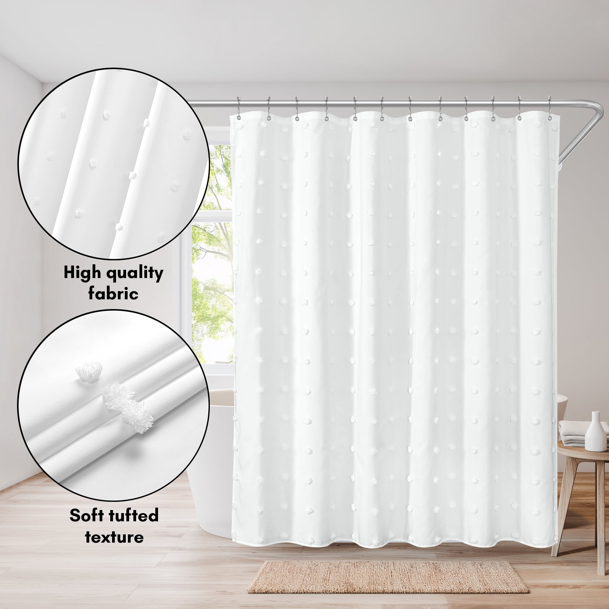 Americanflat 71x71 White Woven Shower Curtain with Tassel And Circle Accents - Includes 12 Grommets and Hooks - 100% Polyester