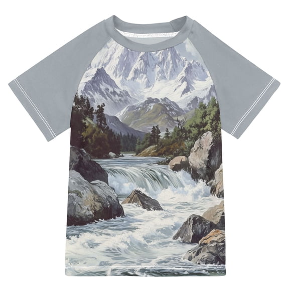 FORMRS Boys Rash Guard Short Sleeves Swim Shirt Quick Dry UPF 50 Sun Protection, Sizes 3-12T, River and Mountains