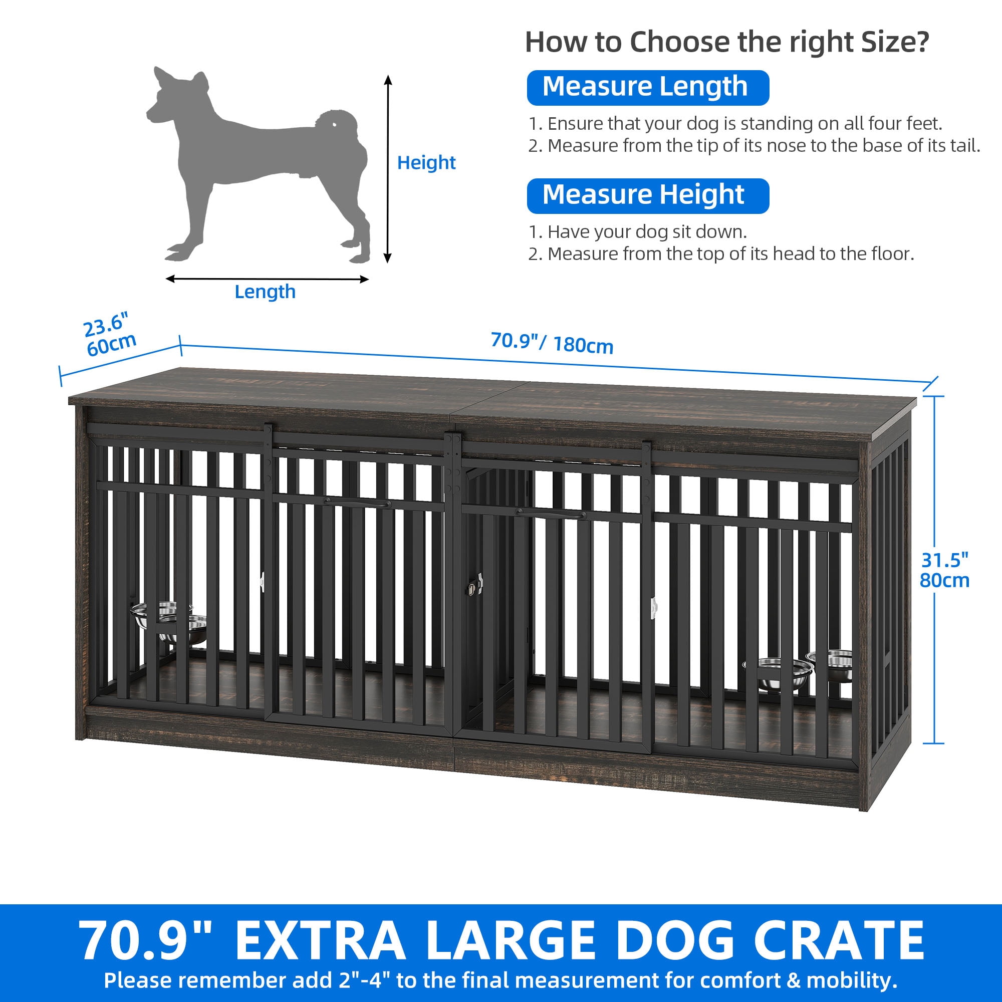 Dextrus 71" Large Double Dog Crate Kennel Furniture with 4 Dog Bowl, Sliding Doors for 2 Medium Dogs, Heavy Duty Wood TV Stand Dog Cage Table - Black Oak