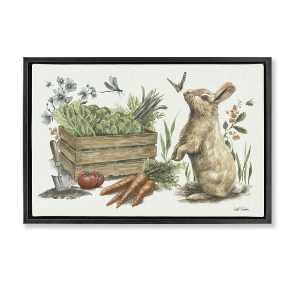 Stupell Industries Gardening Bunny Scene Botanical & Floral Painting Black Floater Framed Canvas Art Print Wall Art, 25 x 17