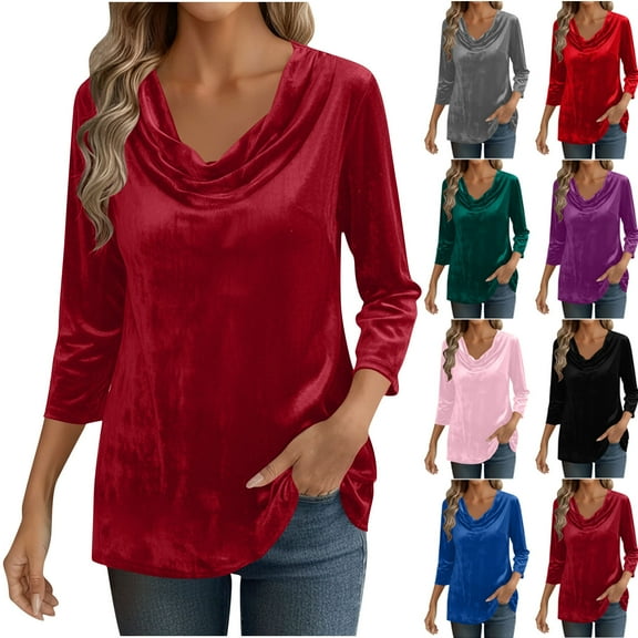 YOIAVAIOY Women's Sparkly Velvet Tops Elegant Cowl Neck Long Sleeve Shirts Fall Winter Dressy Casual Blouses Tshirts Army Green XXL