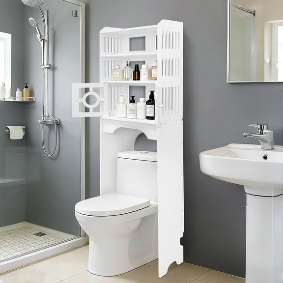 4 Tier Over The Toilet Bathroom Storage Cabinet Wooden Organizer w/Adjustable Shelves