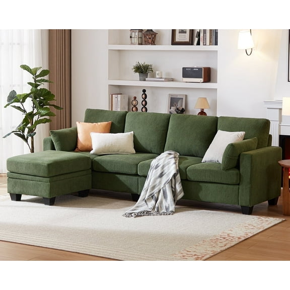 CHIC HOUSE 100" Modular Sectional Couches for Living Room, 4-Seat Oversized L-Shaped Sofa with Movable Storage Ottoman, Comfy Corduroy Couch with Deep Seat & Throw Pillows, Olive Green