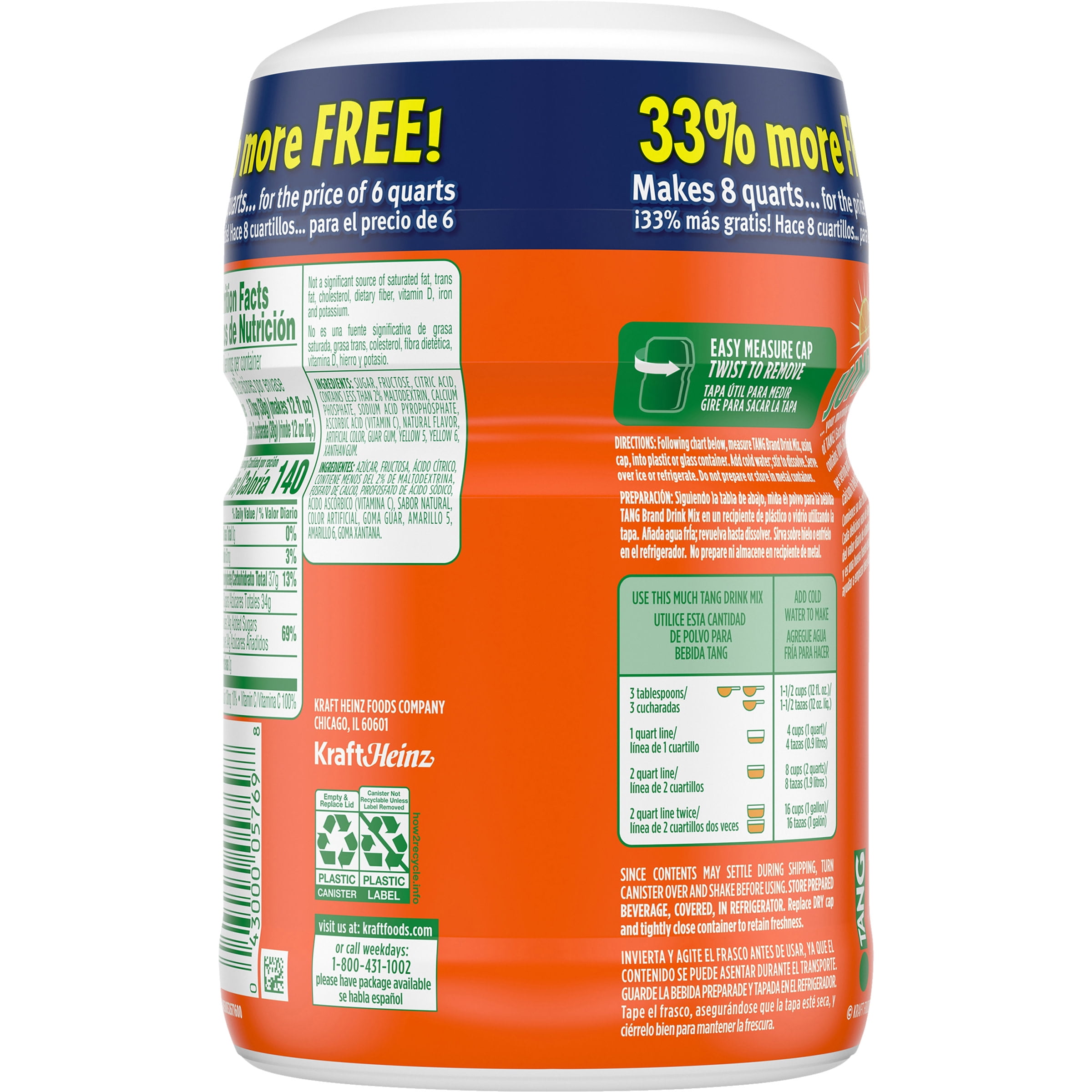 Tang Orange Naturally Flavored Powdered Soft Drink Mix, 18 oz Canister
