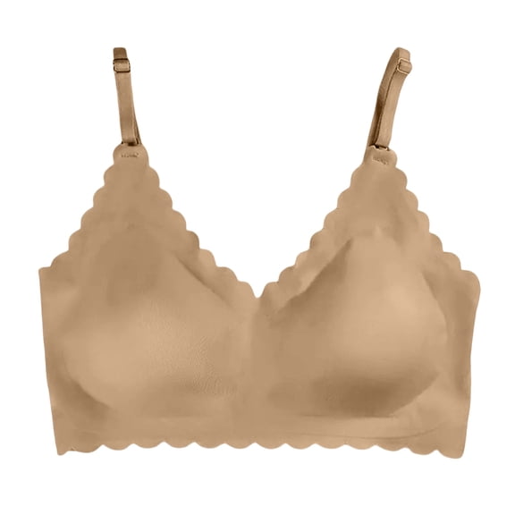 Lumtrix Scalloped Bras for Women No Underwire Soft Push Up Wireless Bras Deep V Neck Seamless Bralettes Beige 34