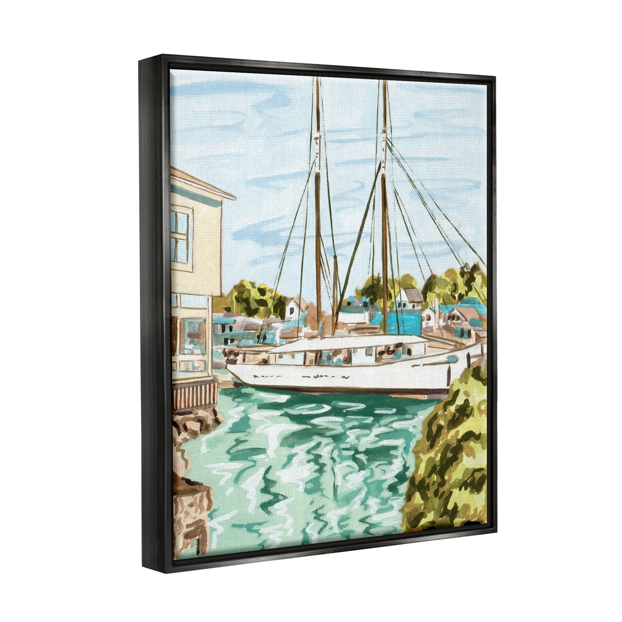 Stupell Industries Coastal Town Marina Transportation Painting Black Floater Framed Art Print Wall Art, 25 x 31