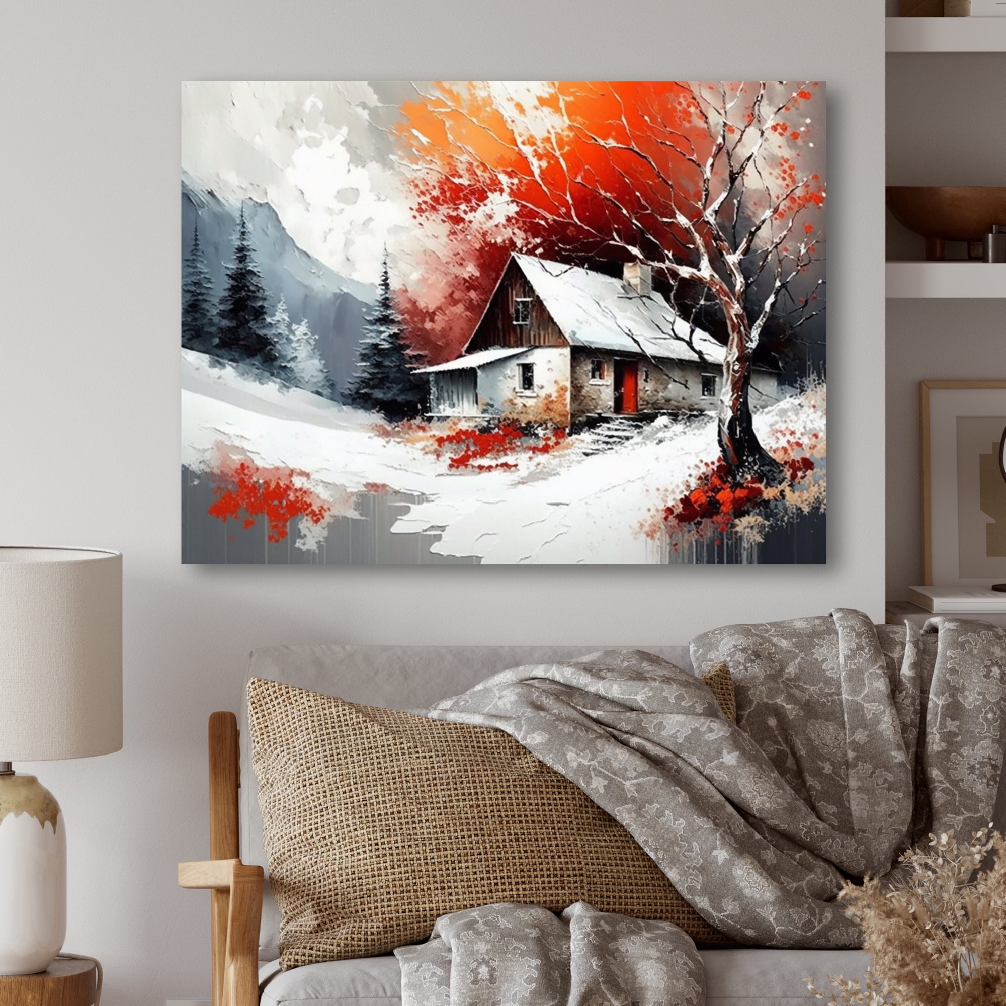 Designart Monochrome Orange Cottage In Winter VII Canvas Wall Art