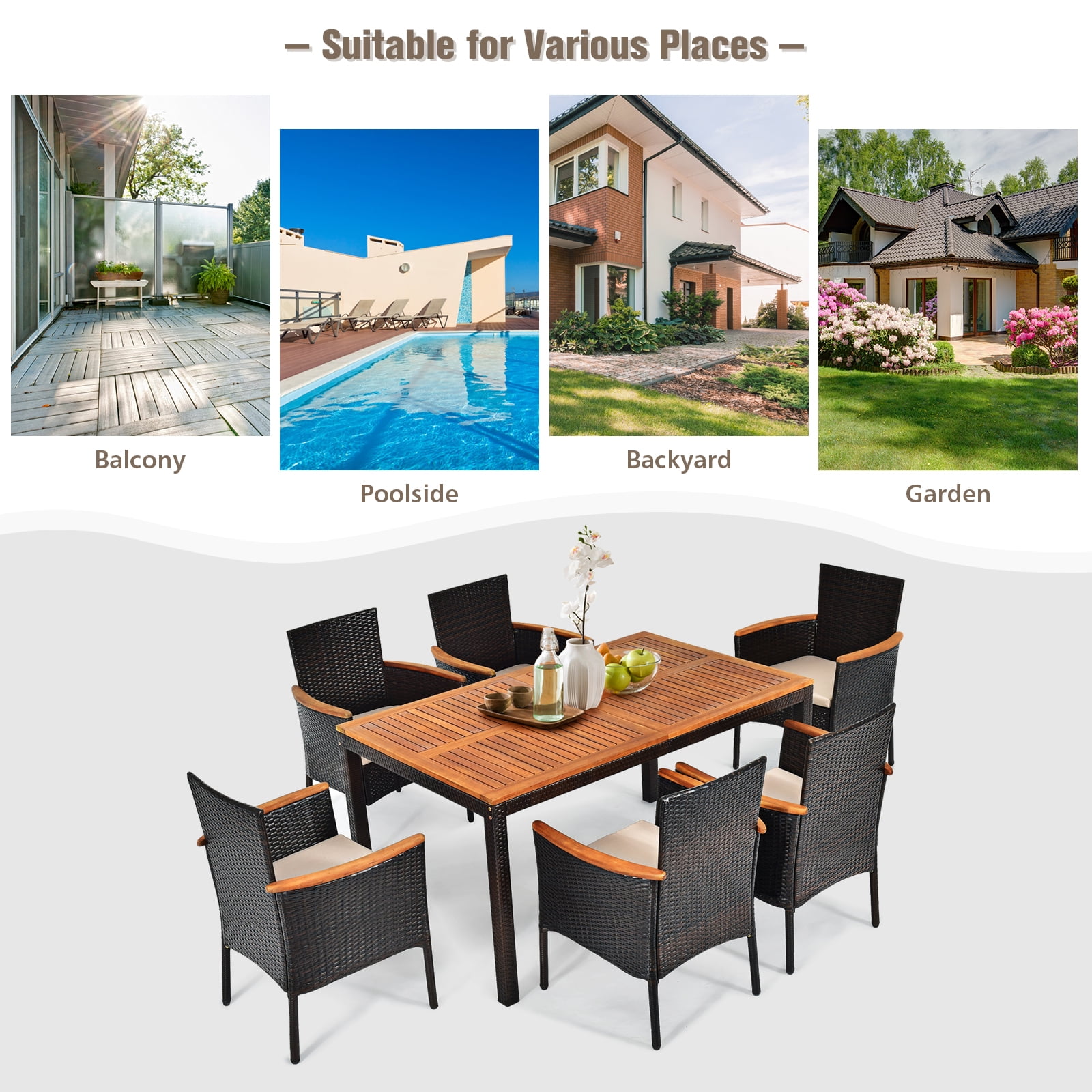 BLACK JAGUAR 7-Piece Outdoor Dining Set Patio Rattan Table and Chairs Set with Umbrella Hole