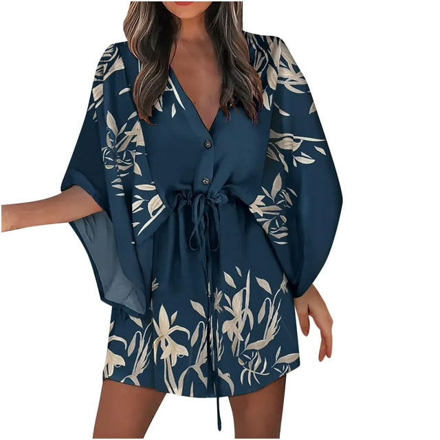 Robes d'Été pour Femmes Bouton avant Imprimé Col en V Manches Mi-Longues Robe Courte à Cordon Décontractée Plage Soleil