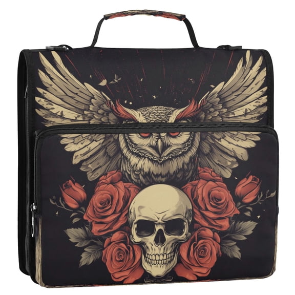 WOBOGO Owl Holding Skull Pattern Ring Binder Bag 1.5in Folder Organizer with Shoulder Strap for 13Inch Laptop and 500 Sheets of Paper