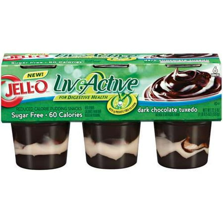 Jell-O Live Active Sugar-Free Dark Chocolate Tuxedo Pudding Snack, 3.75 Oz., 6 Count