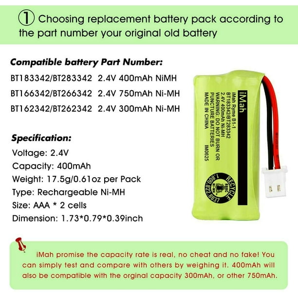 iMah BT183342 / BT283342 2.4V 400mAh Ni-MH Batería, también compatible con at&T VTech baterías de teléfono inalámbrico BT166342 / BT266342 BT162342 / BT262342 CS6709 CS6609 CS6509 CS6409 EL52100 E