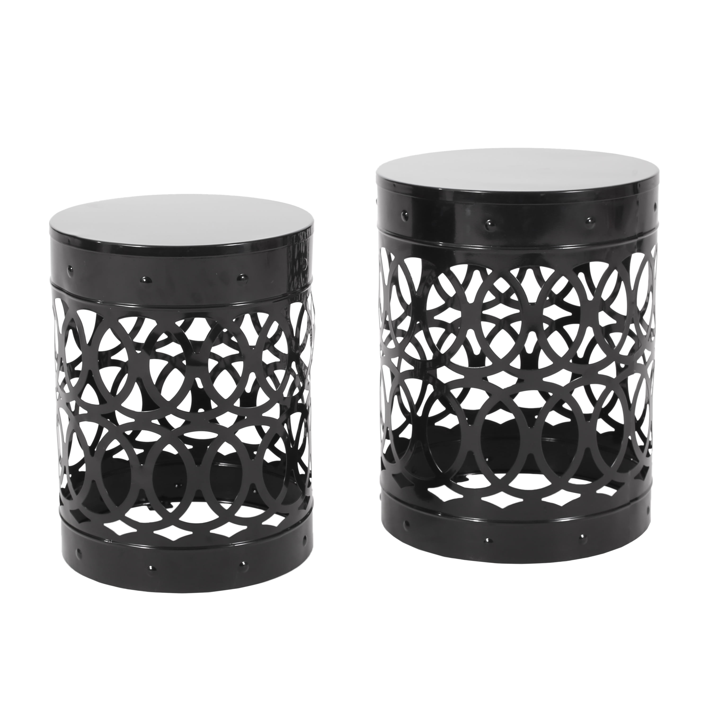 Mintazer Outdoor Side Table Set of 2, Modern Iron Cut PatioTable with Overlapping Circle Pattern, Black