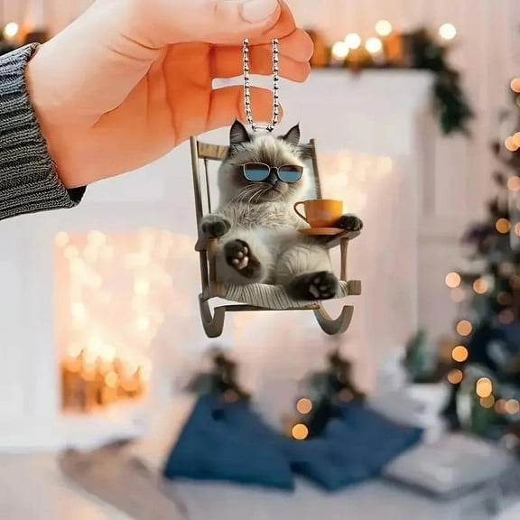 2pcs Acrylic Ragdoll Cat Christmas Ornaments Cat Sitting on a Chair Drinking Coffee Ornament for Christmas Tree Warm Hanging Pendants for Holiday Party Stocking Stuffer Family Friends