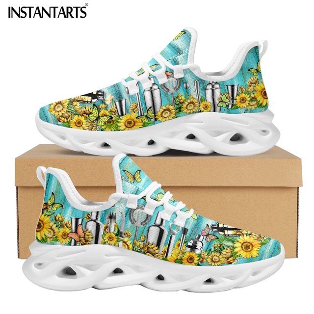 Sunflower Butterflies Design Mesh Sneakers for Female Spring Breathable Platform Shoes Vacuum Flask Print Zapatos