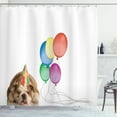 thumbnail image 1 of Bulldog Shower Curtain, Illustration of a Doggie Sleeping with a Birthday Hat and Colorful Balloons, Fabric Bathroom Set with Hooks, 69W X 70L Inches, White Multicolor, by Ambesonne, 1 of 3