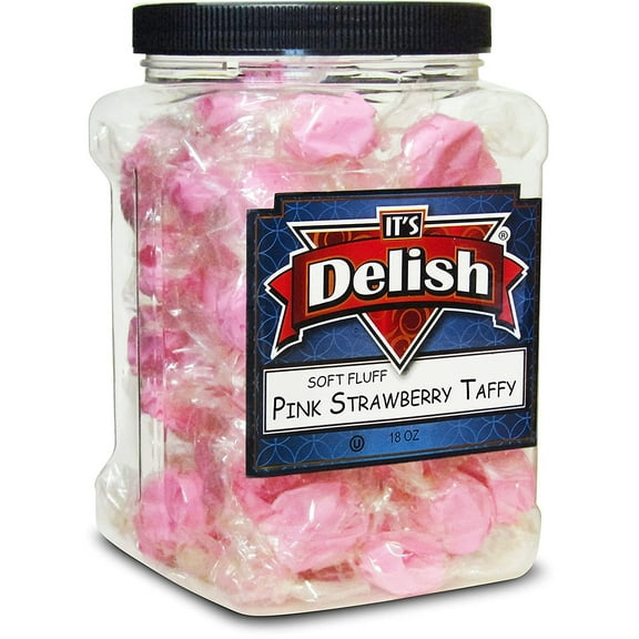 Gourmet Pink Strawberry Flavored Taffy Chews by Its Delish  18 Oz Jumbo Reusable Container Jar  Chewy Fluffy Individually Wrapped Sweet & Juicy Soft Candy Taffies