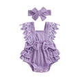 thumbnail image 2 of Aojekbee Infant Baby Girl Summer Jumpsuit Lace Sleeves Neck Bow Romper with Headband, 2 of 10