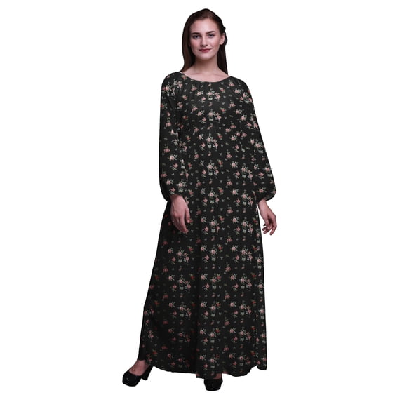 Bimba Moss Georgette Leaves,Madhabilata & Peony Floral Print Women’s Long Elastic Waist Casual Summer Maxi Dress-X-Large
