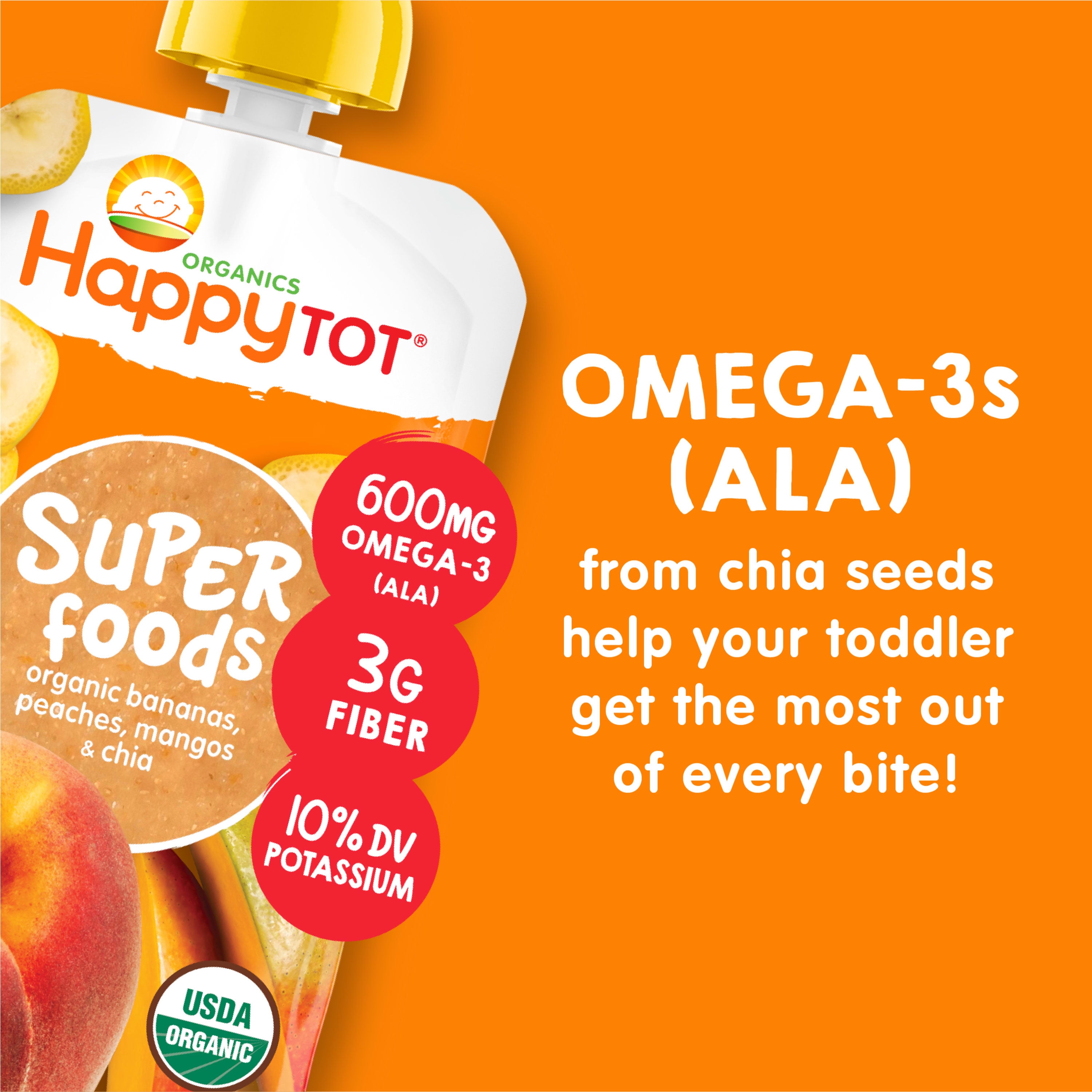 Happy Tot Organics Super Foods Stage 4, Bananas Peaches Mangos & Chia, Organic Tot Food, 4.22 oz Pouch