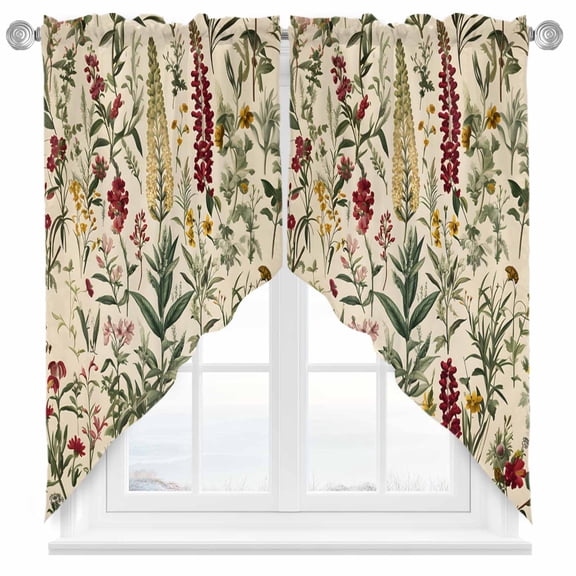 Vintage Plant Swag Kitchen Curtain Valances, Pastoral Red Flower Leaf Retro Style Rod Pocket Curtains Window Treatment Decor Valances for Bedroom Bathroom, 2 Panels 28 x 36 Inch