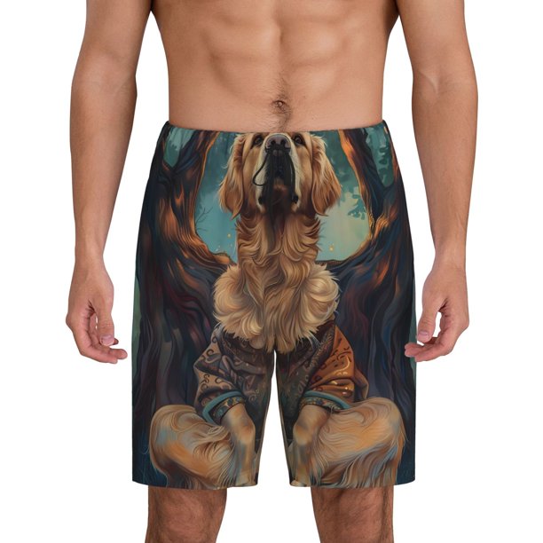 Fotbe Tree Meditating Golden Retriever Pantalones Cortos de Pijama para Hombre, Ropa de Dormir, Pantalones de Pijama Cortos para Hombre-XX-Large