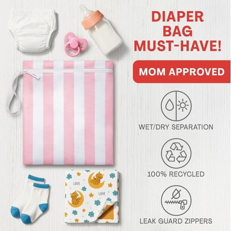 Wet Bags for Baby Kids Toddlers Pump Parts Cloth Diapers Dirty Laundry – Wet Bag for Swimsuit Beach Pool Gym Travel – Reusable Waterproof Stripe Travel Toiletry Pouch – Dusty Pink