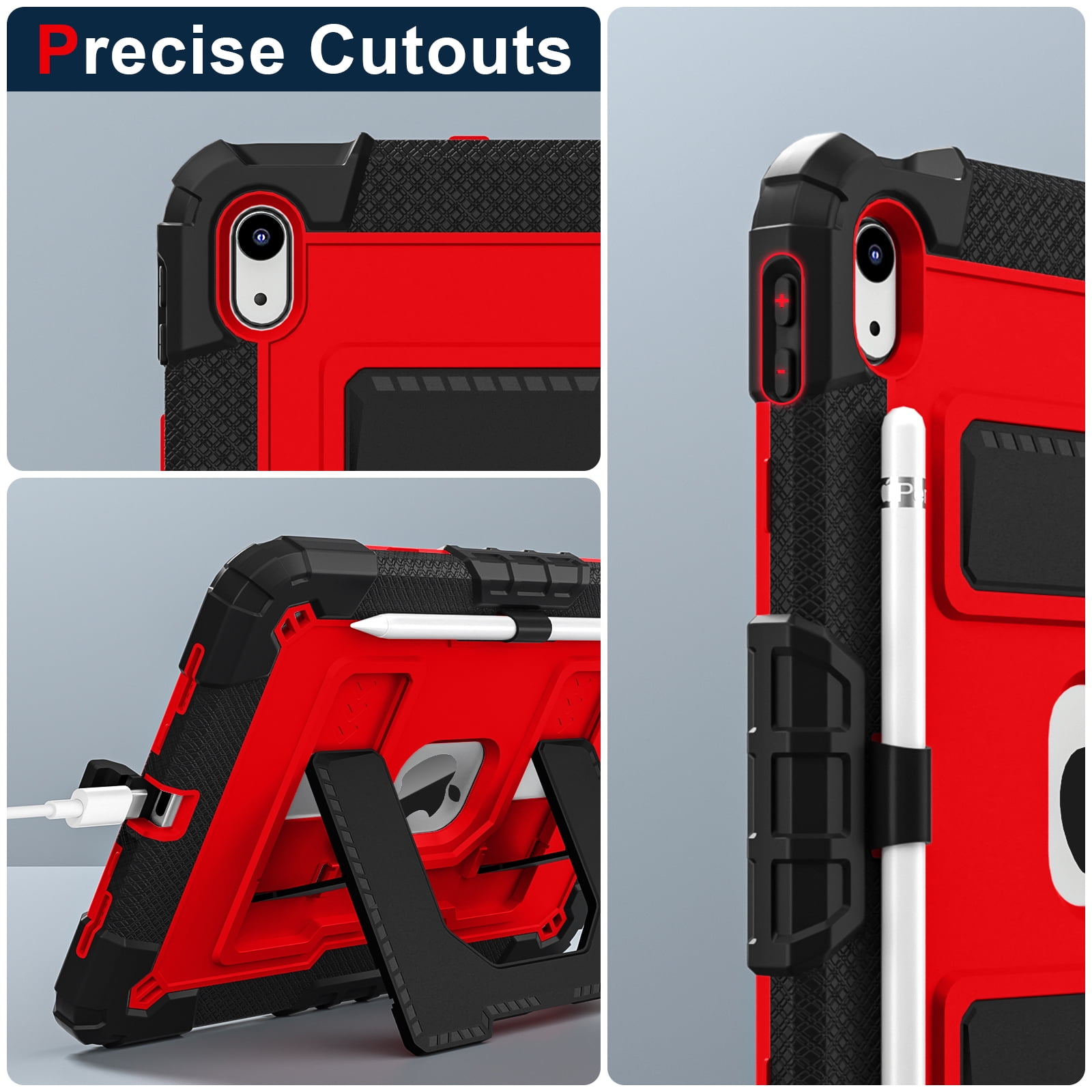 Allytechgroup Rugged Case for Apple iPad 9th 8th 7th Generation 10.2 inch 2021/2020/2019, Heavy Duty Protective Tablet Case with Kickstand, Pencil Holder & Detachable Shoulder Strap, Black+Red