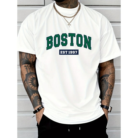 Men'S Boston Est. 1997 Graphic Print T-Shirt, Casual Crew Neck Short Sleeve Tee with Slight Stretch, Regular Fit, Letter Pattern Design, Perfect for Sports or Leisure Activities,