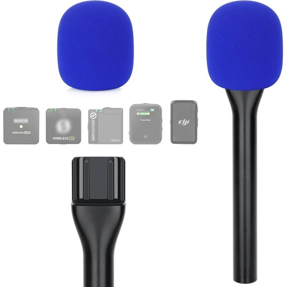 wqlpp-Interview Microphone Handle, Interview GO Handheld Adapter with Pop Filter for RODE Wireless GO II, Wireless PRO, Wireless ME, DJI MIC 2, Convenient for Outdoor Recording (Blue Foam)