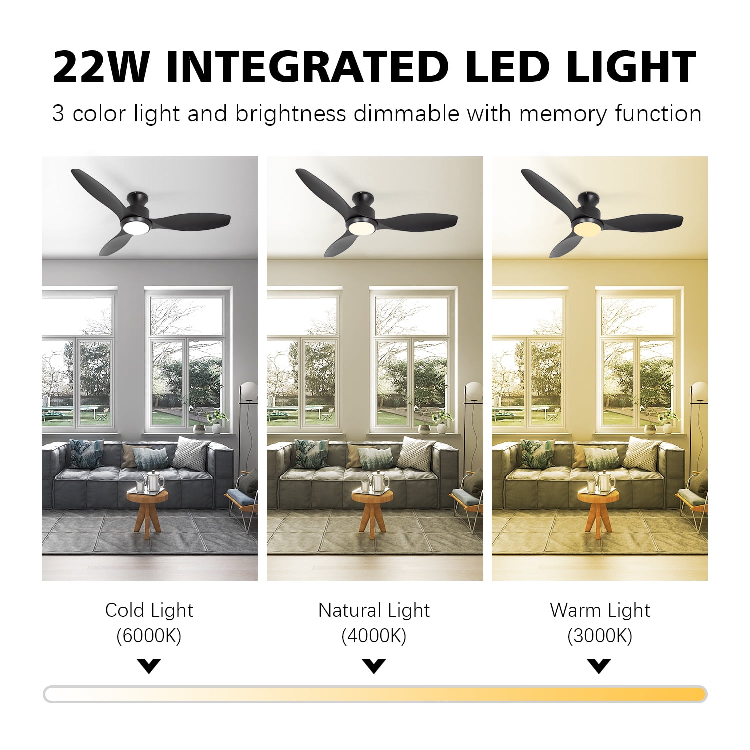 Wozzio 52’’ Indoor Outdoor Ceiling Fan with Light and Remote Control, 3 Black Blades, Silent Reversible DC Motor, Light Memory Function, 6-speed Airflow for Bedroom/Living Room, etc.