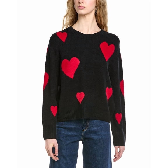 CeCe womens Heart Jacquard Crew Sweater, l, Black