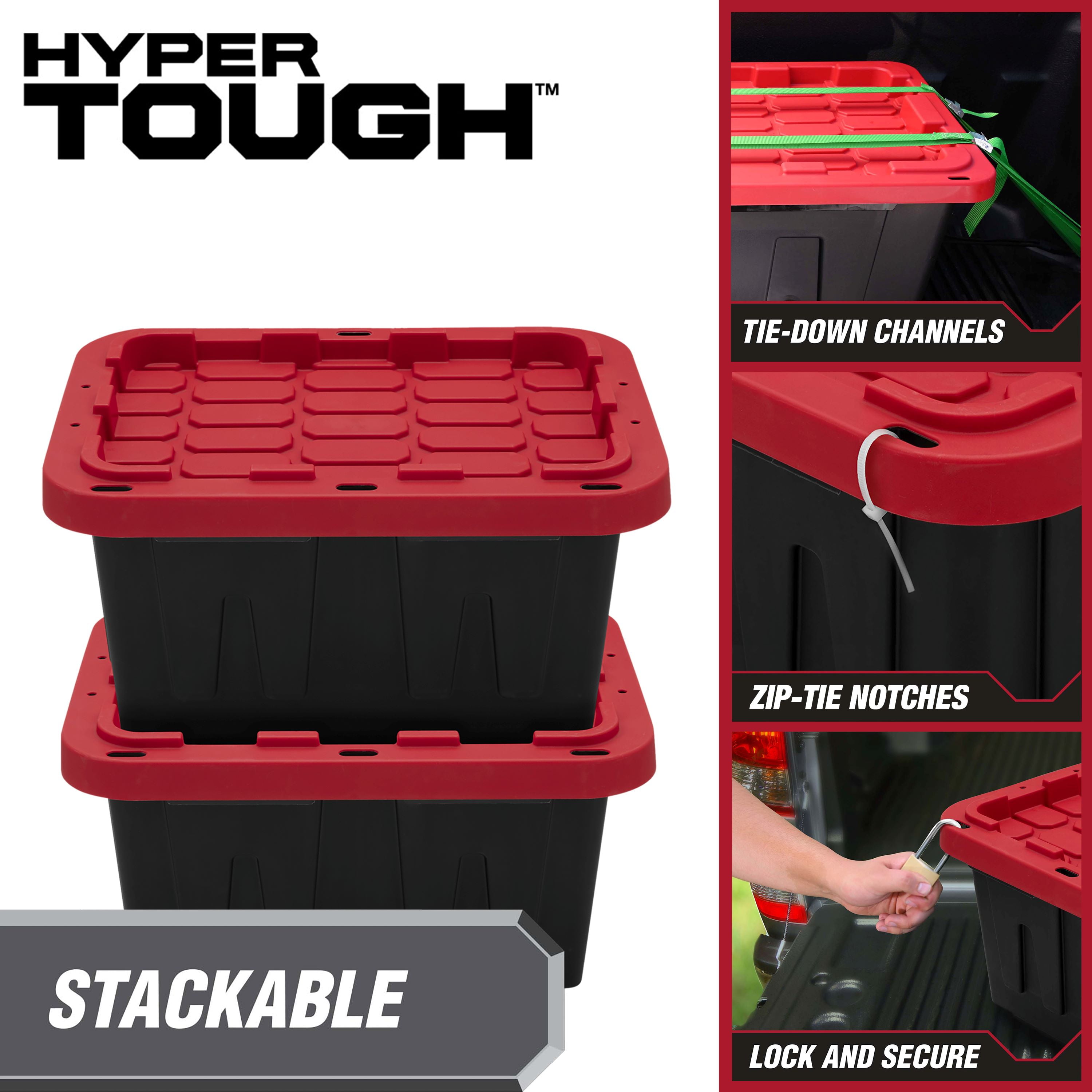 (Pack of 4) Hyper Tough 5 Gallon Small Storage Bin with Snap Lid, Black and Red, Heavy Duty Plastic Storage Container