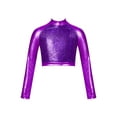 thumbnail image 1 of RUNQHUI Enfants Filles Col Roulé Métallique Danse Crop Top Paillettes Manches Longues pour Danse Raves Festivals Sports Violet 8, 1 of 5