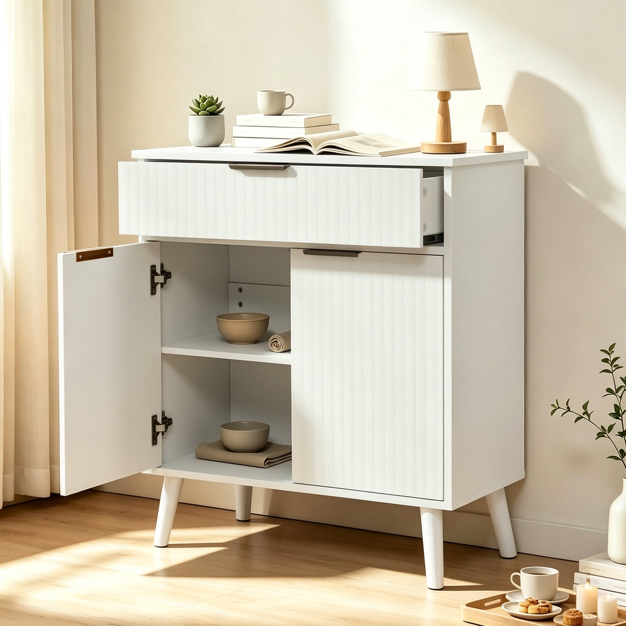 Leumius Kitchen Storage Cabinet with Adjustable Shelves,1 Drawer & 2 Doors,Sideboard Buffet Cabinet with Solid Wood Feet for Living Room, Kitchen, Entryway, White