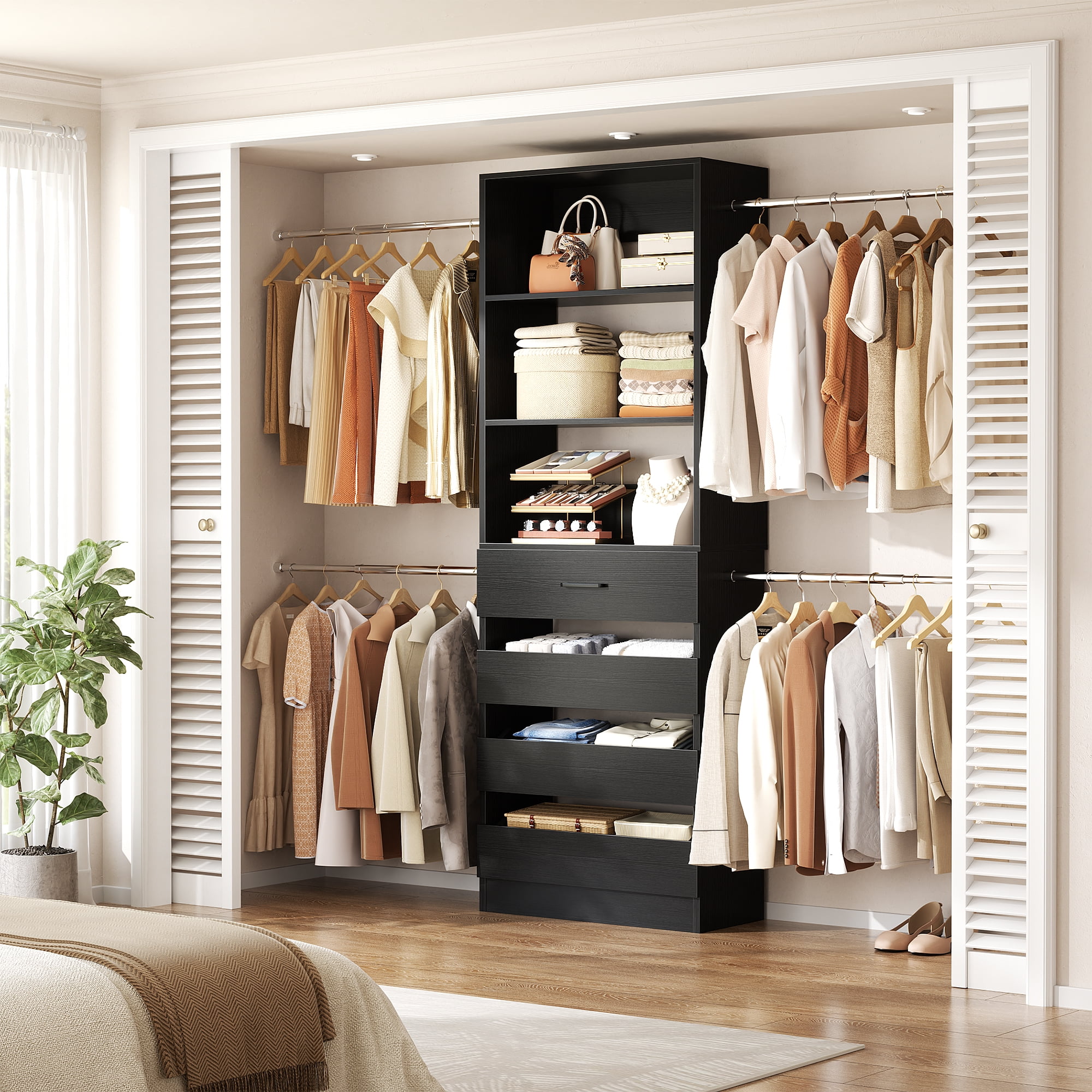 Homieasy 4-9 Ft Adjustable Wooden Closet Organizer System with 4 Drawers, 4 Hanging Rods & Shelving Towers - Heavy Duty Walk-in Wardrobe Rack, Space-Saving Design, Easy Assembly,Black