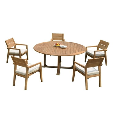 Grade-A Teak Dining Set: 5 Seater 6 Pc: 72" Round Table And 5 Vellore Stacking Arm Chairs Outdoor Patio WholesaleTeak #51VL1706