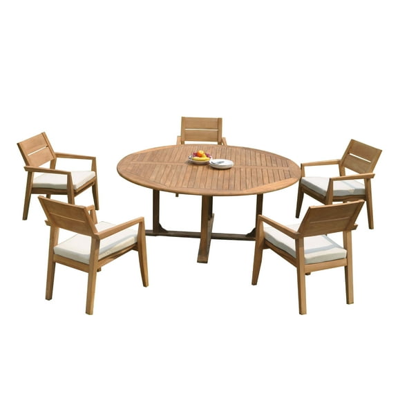 Grade-A Teak Dining Set: 5 Seater 6 Pc: 72" Round Table And 5 Vellore Stacking Arm Chairs Outdoor Patio WholesaleTeak #51VL1706
