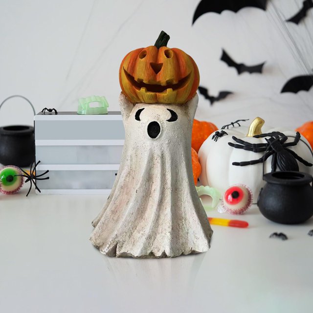 Figurines de Citrouille d'Halloween, Décorations d'Halloween 2024, Statue de Citrouille Rustique en Résine Lumineuse pour Table d'Halloween