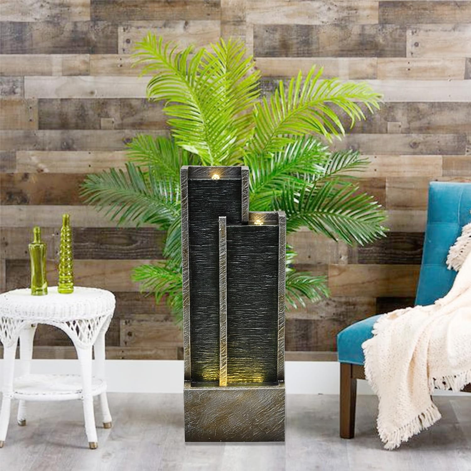Water Fountain Outdoor Garden- 35.43 Inches Square Outdoor Water Fountains Indoor with Led Lights Floor Standing Waterfall Fountain for Backyard and Garden Small Porch Home,Deck