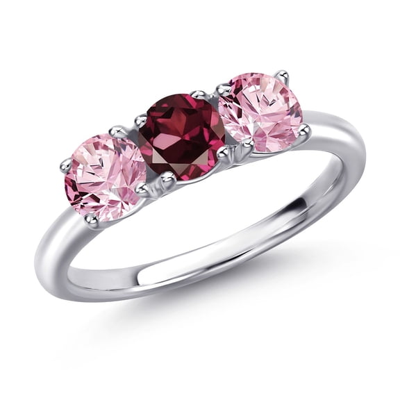 Gem Stone King 925 Sterling Silver Red Rhodolite Garnet and Pink Lab Grown Diamond Engagement Ring for Women | 1.60 Cttw | Round 5MM | Gemstone January Birthstone | Size 8