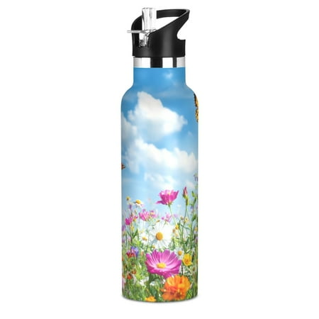 

Kids Insulated Stainless Steel Sports Water Bottle 600ml (20oz) BPA-Free Colorful Wildflowers Butterflies