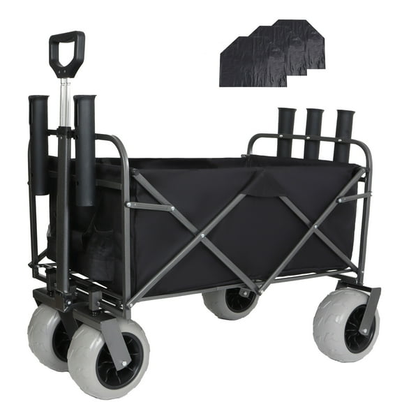 Heavy Duty All Terrain Beach Wagon Cart with 9 Inch Pneumatic Wheels for Sand and Outdoor Use - 500lb Capacity Folding Utility Cart with Rod Holders and Storage Bag