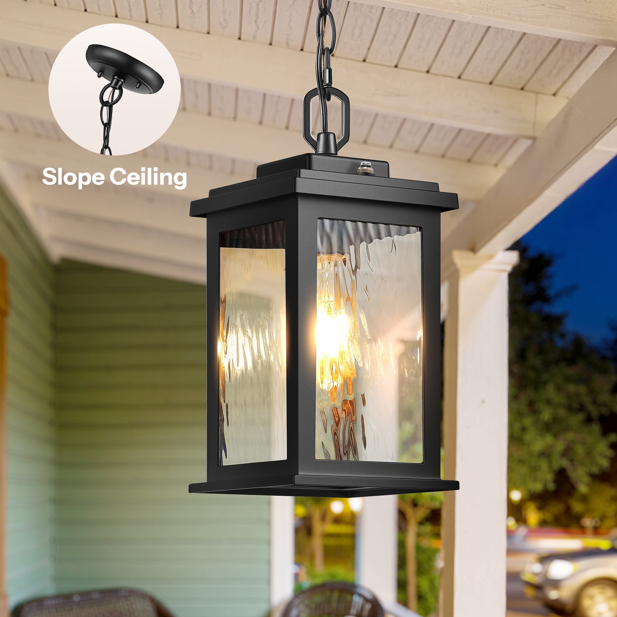 Gleamz Black Dusk to Dawn Outdoor Pendant Lights with Water Glass, Adjustable Chain Waterproof Hanging Porch Light, Outside Chandelier for Porch, Patio, Driveway