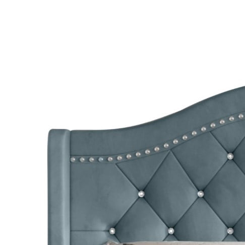 Home Design Bruce King Tufted Upholstered Platform Bed Frame with Wingback Headboard and Nailhead Trim, Blue, Easy Assembly