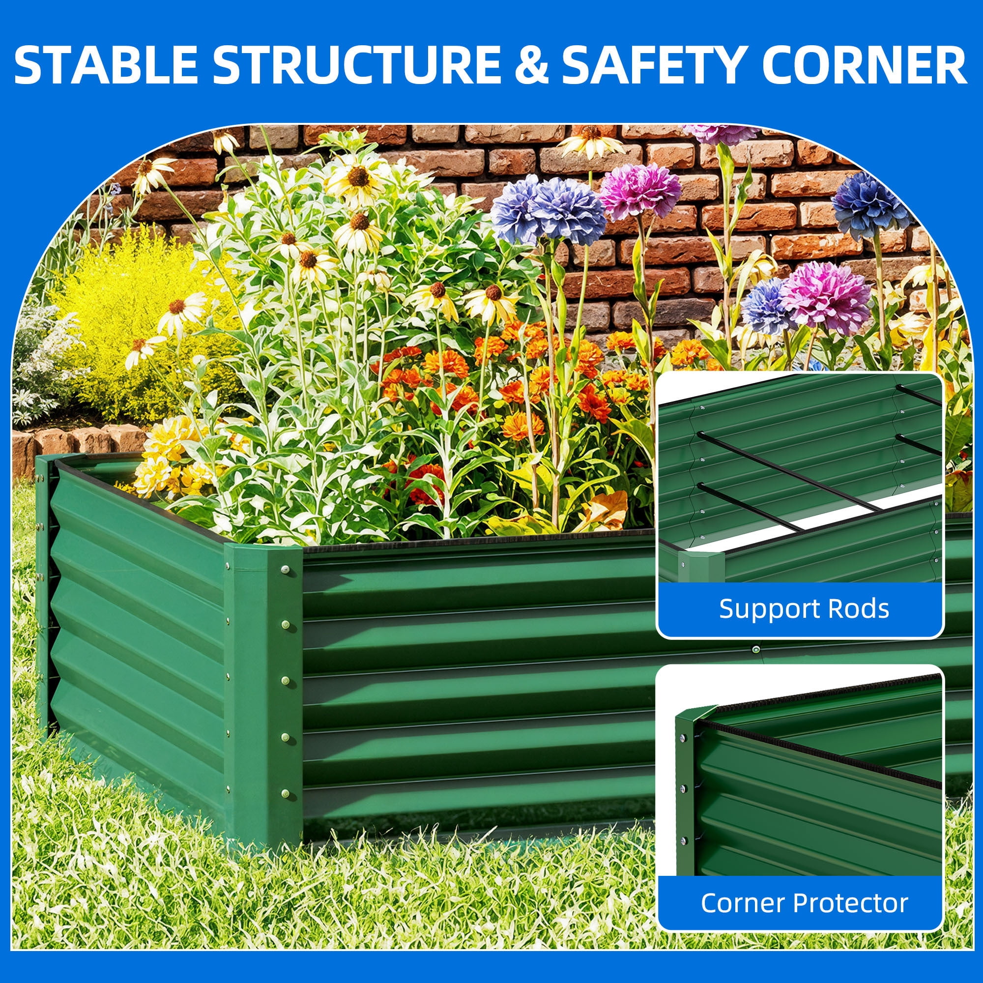 Uforic 8x4x1.5ft 1 Pack Galvanized Metal Raised Garden Bed Kit with Gloves, Safety Rubber and Support Rod, Green