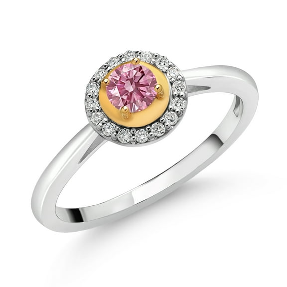 Gem Stone King 2 Tone 925 Sterling Silver and 10k Yellow Gold Pink and White Lab Grown Diamond Solitaire Engagement Ring for Women (0.36 Cttw, Round 4MM, Size 8)
