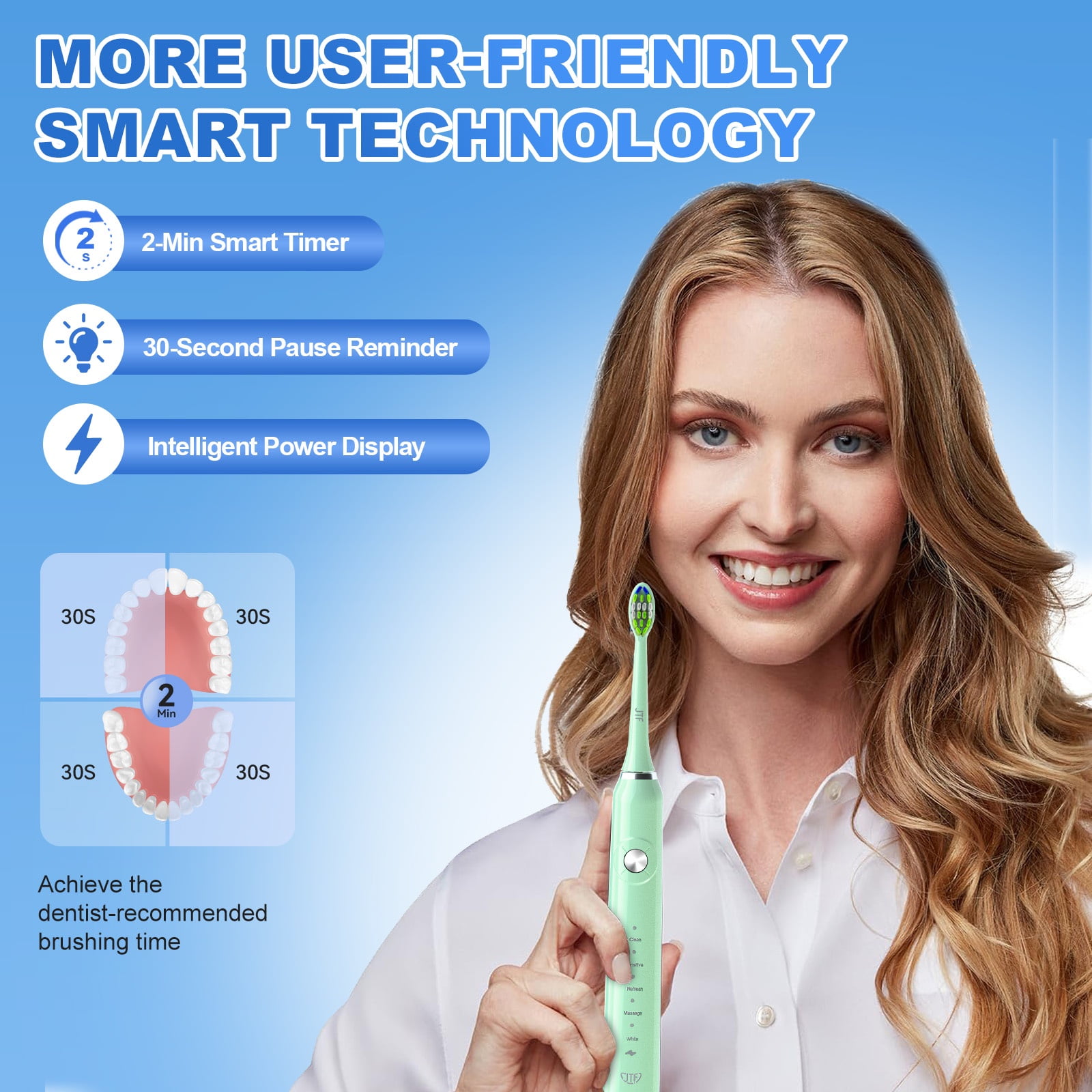 JTF Sonic Electric Toothbrush for Adults and Kids with Travel Case and 6 Brush Heads, 5 Modes 40000 VPM Rechargeable Power Toothbrush with Wireless Charger, IPX7 Waterproof 60-Day Battery Life, Green