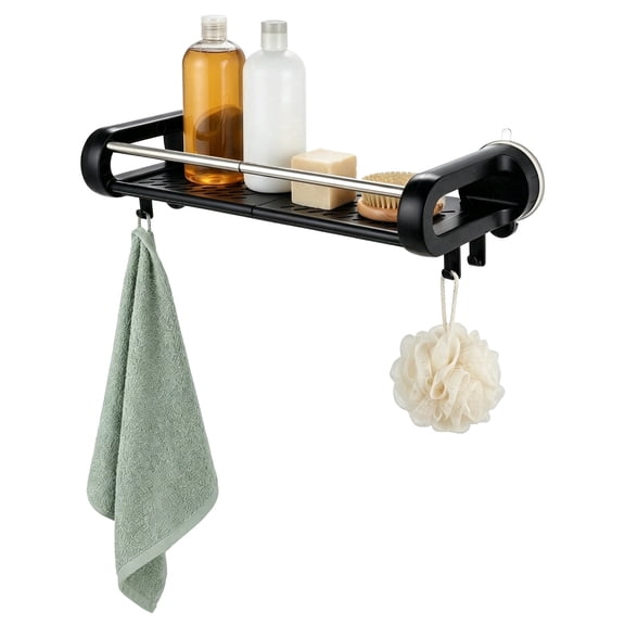 Removable Suction Cup Shower Shelf with 4 Foldable Hooks, No-Drill Bathroom Wall Mounted Organizer with Guard Rod & Drainage, for Shampoo, Towels & Small Essentials